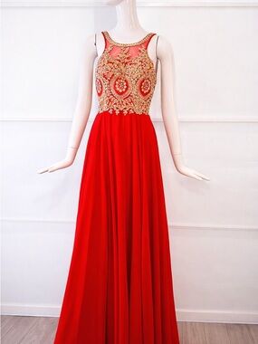 💎 ANNY LEE - LIKE NEW Red Gold Embroidered Prom Princess Formal Maxi Dress Sz S